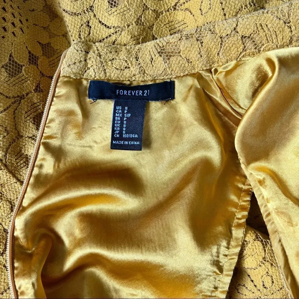 FOREVER 21 Golden Yellow High Neck Lace Shift Dress Size Small